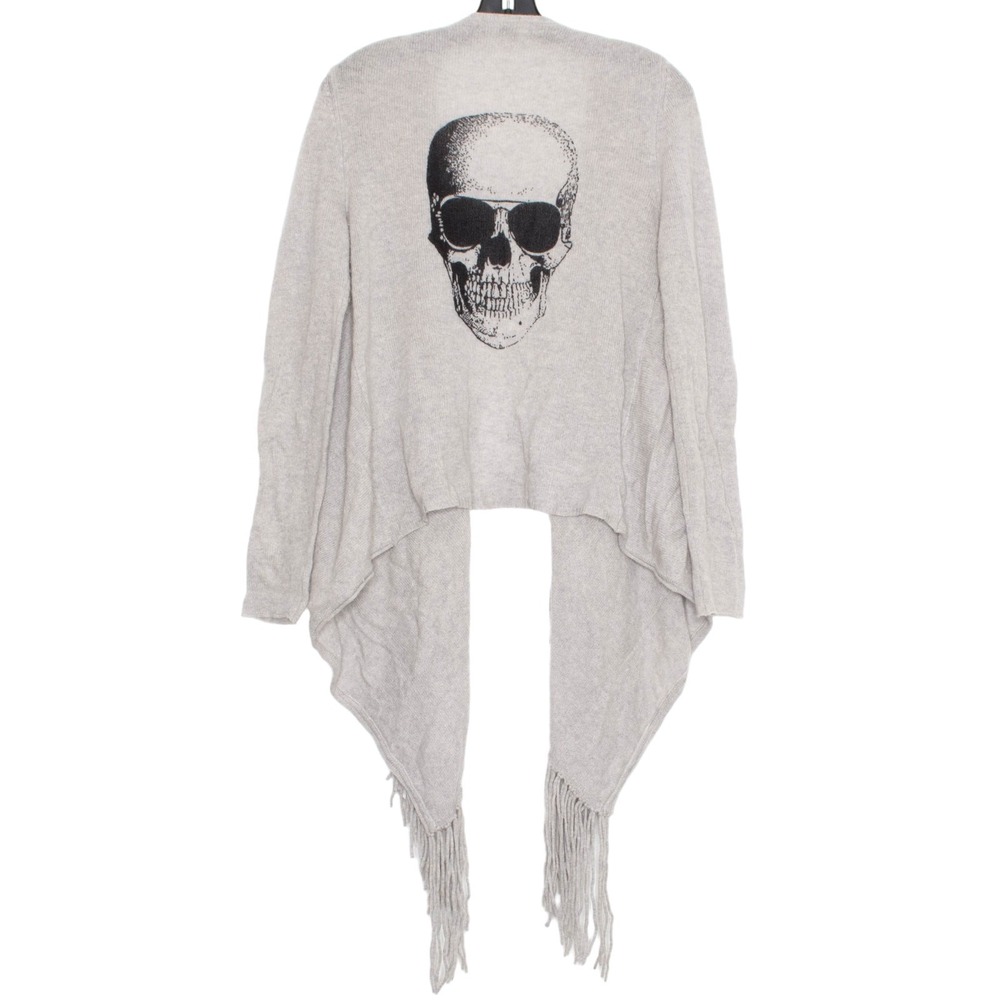 Skull Cashmere Cardigan Open Front Fringe Asymmetrical Gothic Edgy Grunge Gray M